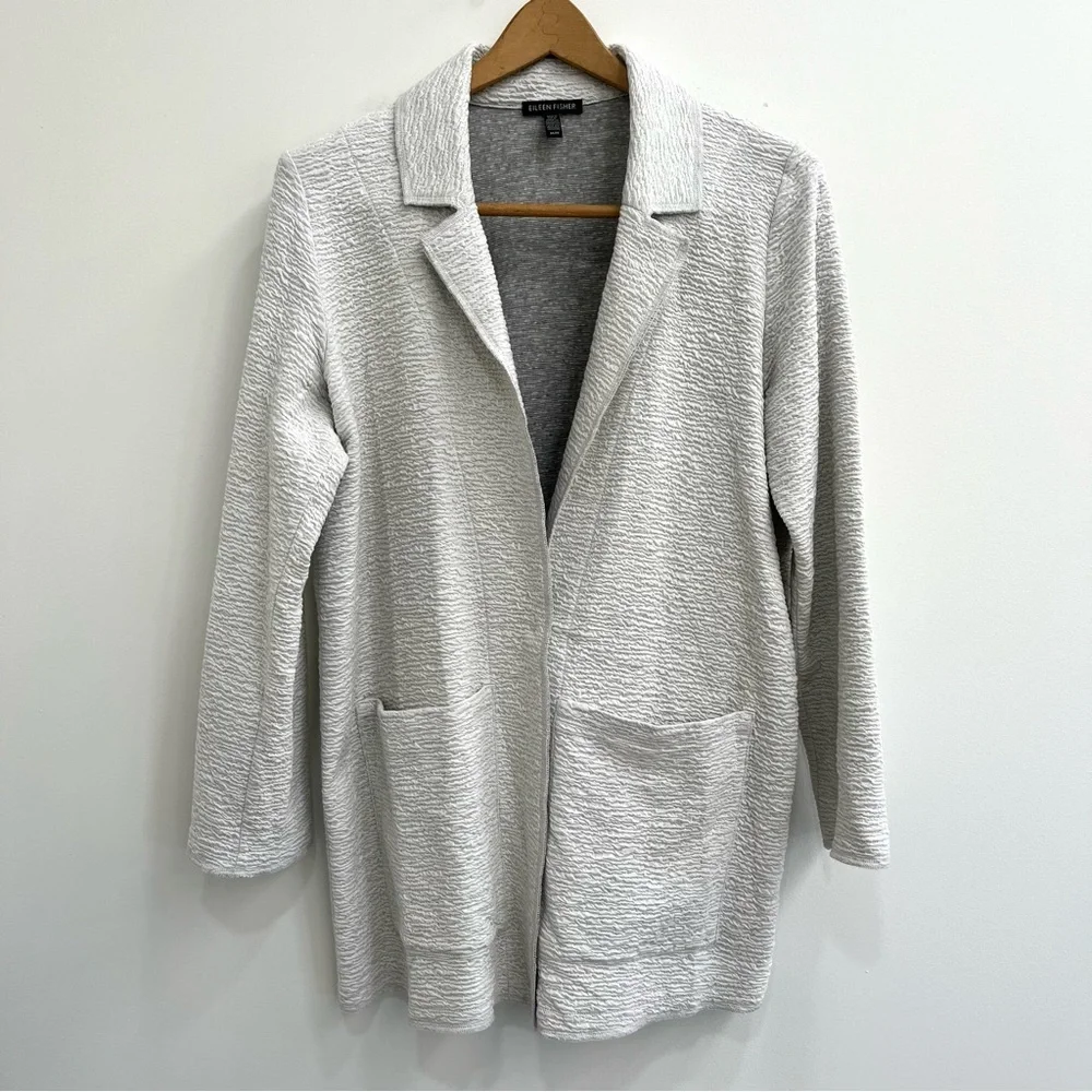 Eileen Fisher Grey Lyocell Single Button Textured Cardigan Pockets Size Medium